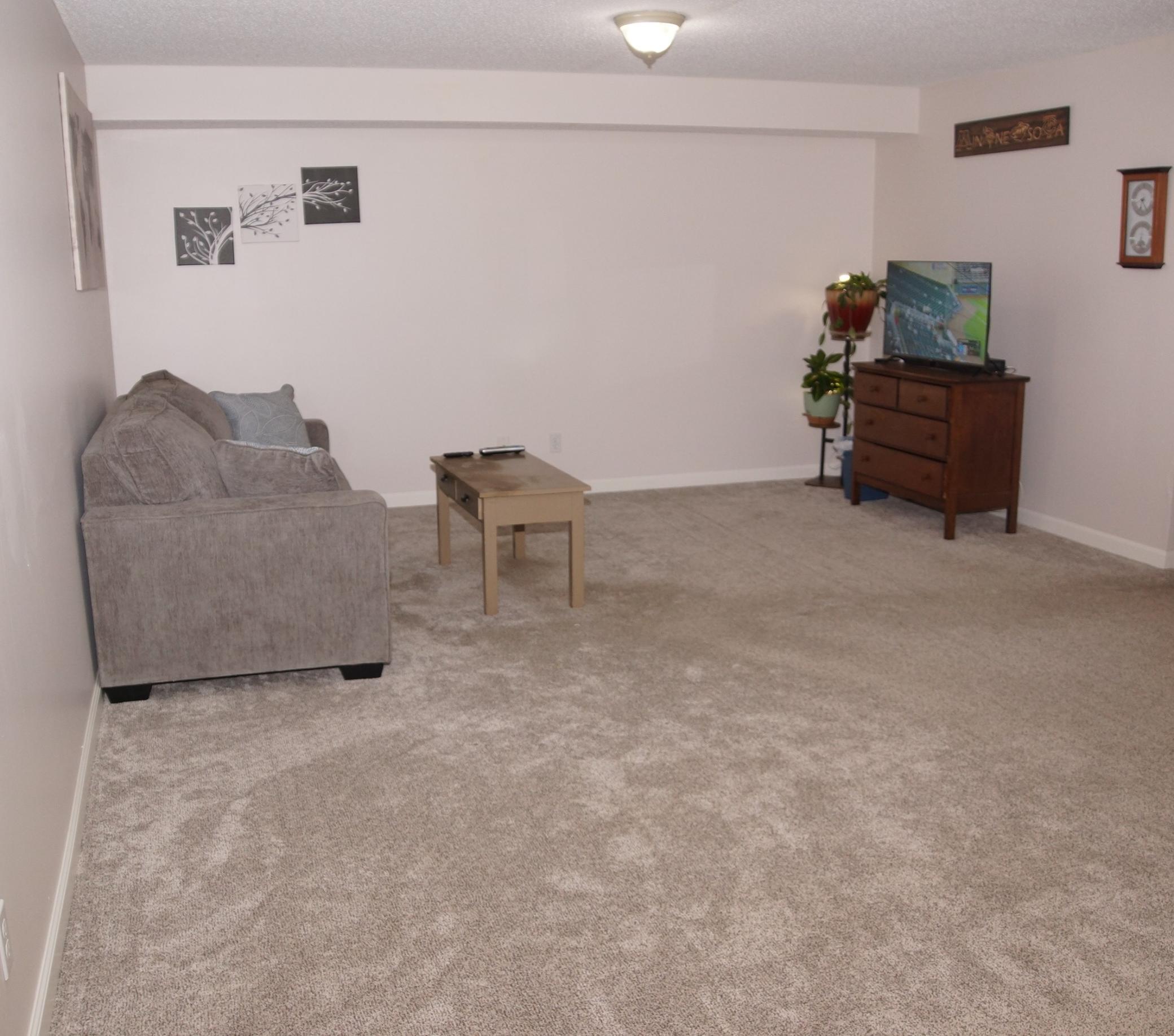 Nice size lower level family room. Perfect for large sofa and big screen TV!