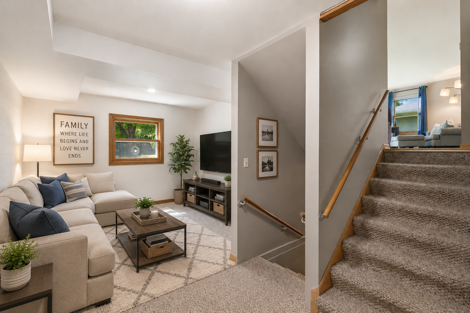 Versatile lower level space perfect for a familyroom, home office, playroom. or hobby area. Virtually Staged