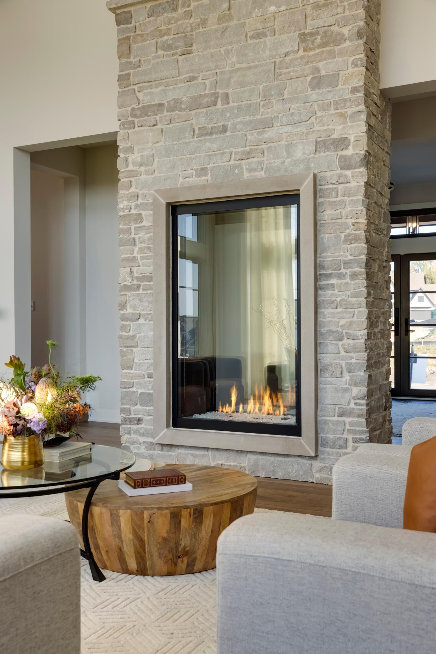 Grand Two-Sided Stone Fireplace