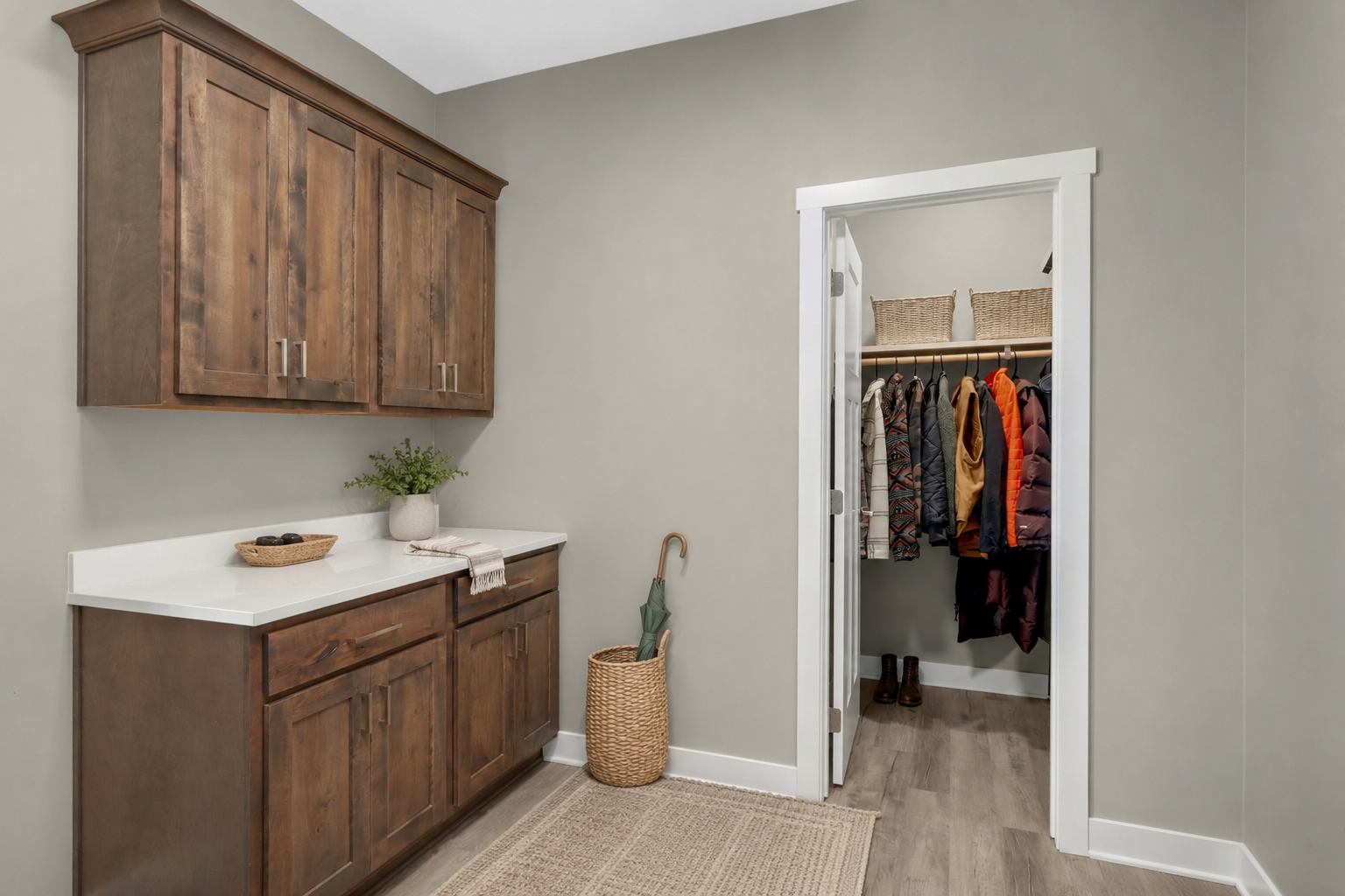 Convenient mudroom area with built-in storage near the garage entrance