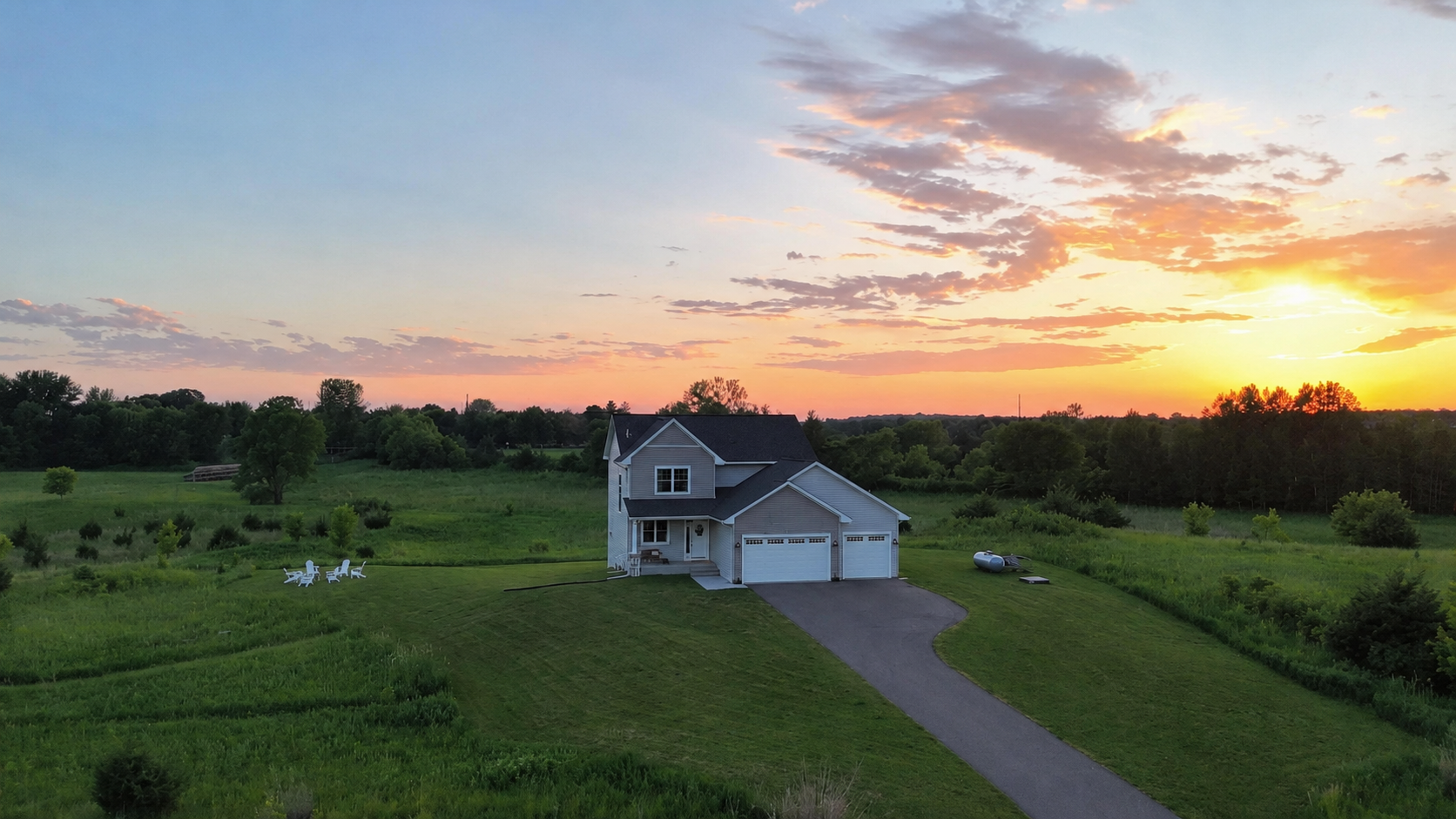 Sunset Aerial View of Home and Acreage - 18805 Scenic Way, Shafer, MN 55074