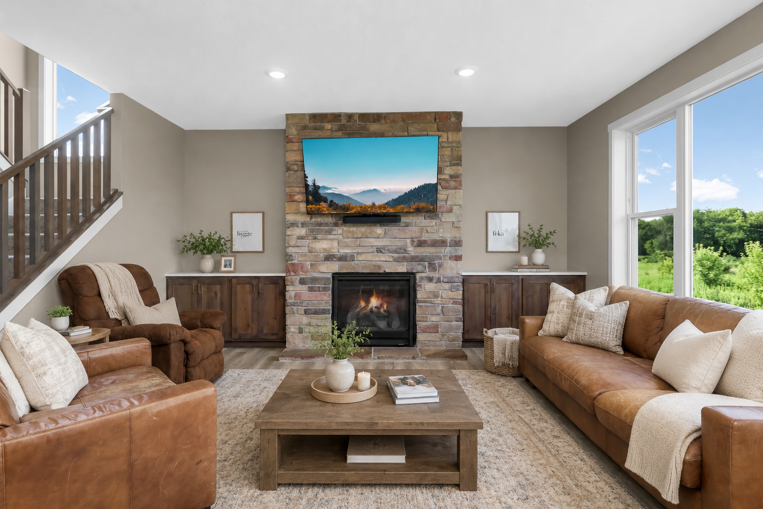 Inviting living room with tall ceilings and abundant natural light.