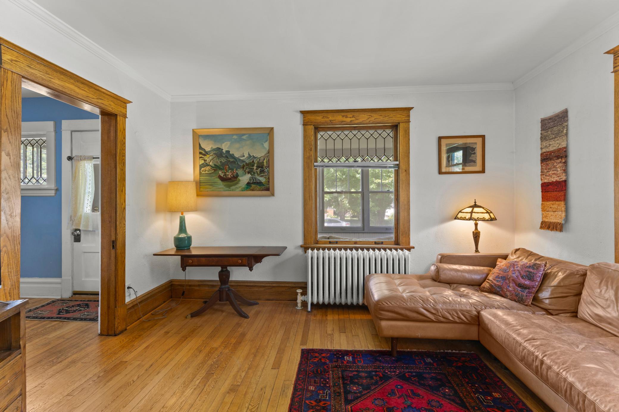 Beautiful leaded glass windows highlight several of the main level windows.