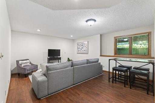 The lower level family room provides enough space for a large, comfy couch and a game table