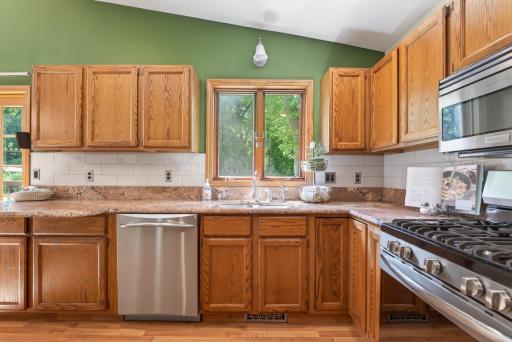 You can work in the kitchen while enjoying views of the backyard