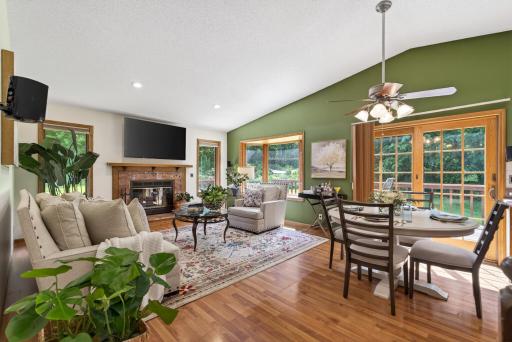 The living room flows nicely into the dining room and kitchen
