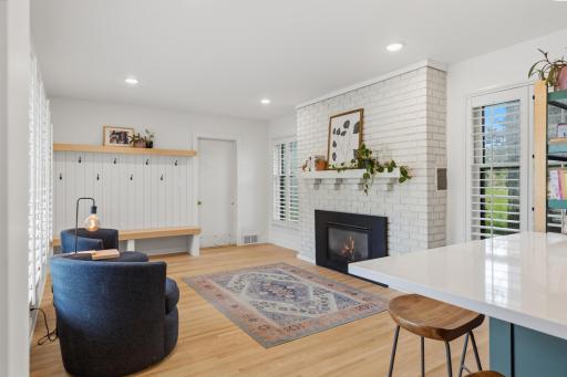 Gas fireplace with full brick surround