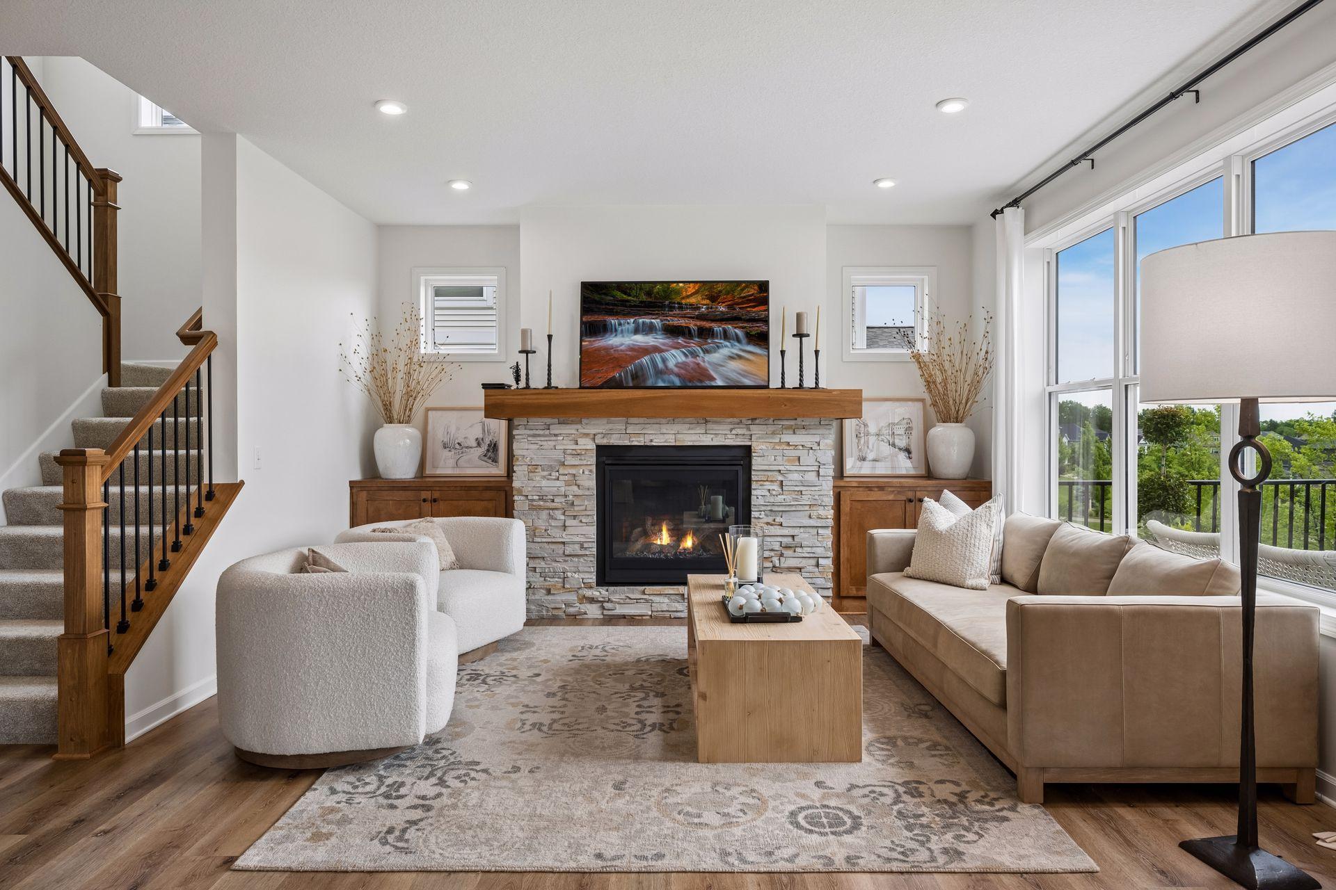 Living Room w/ Fireplace, Stone Surround, Built-ins and Huge Windows