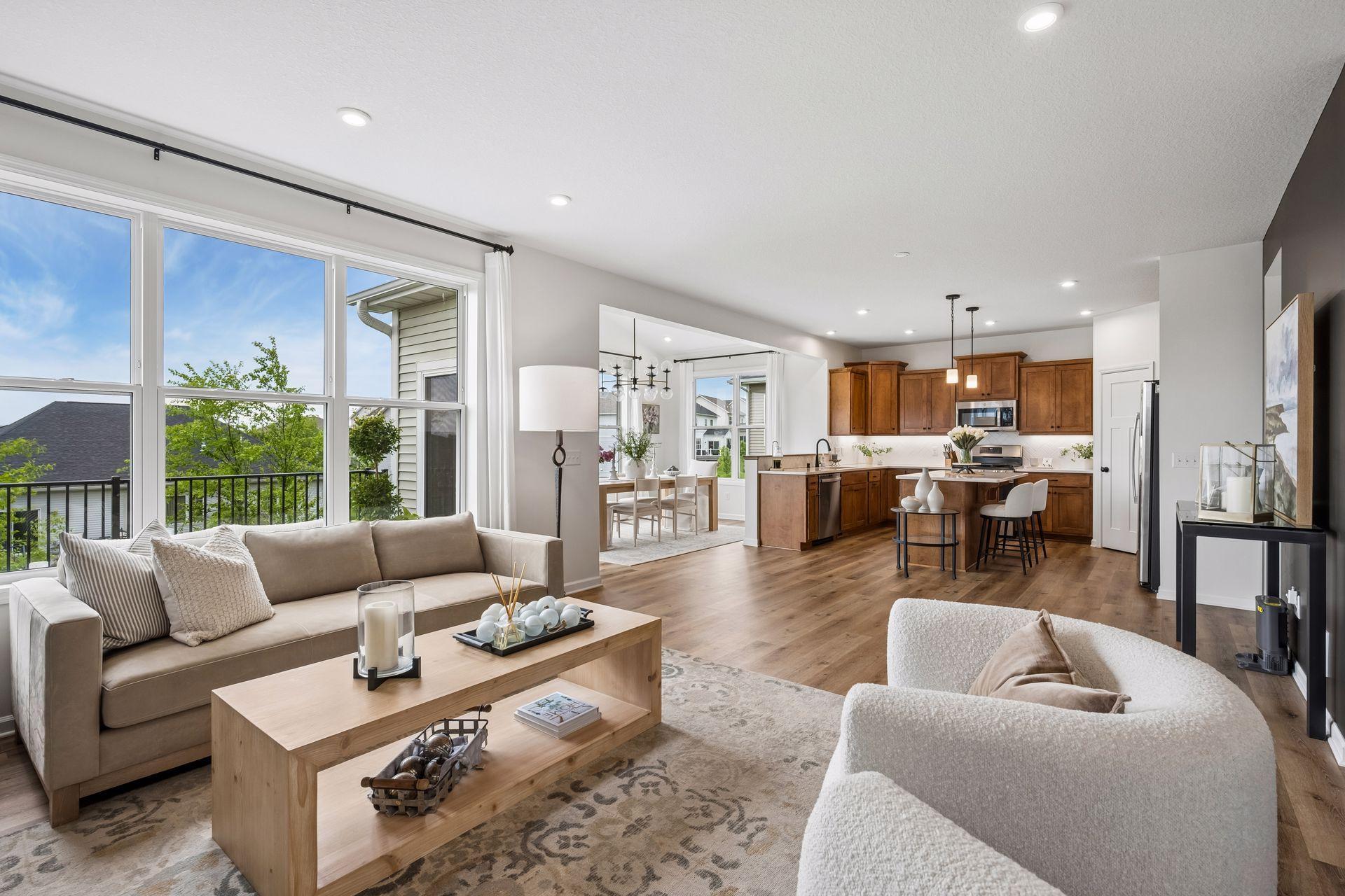Living Room Looking into Kitchen and Dining Areas