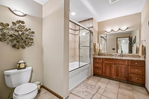 Lower Level Full Bathroom with Granite Top, Tile Floor and Jetted Bathtub and Ceramic Shower