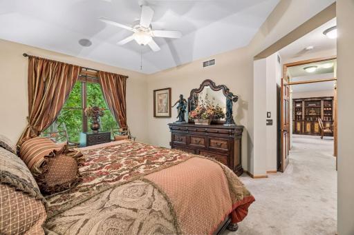 Tray Vault Ceiling, Ceiling Fan, Large Window with Wooded Views