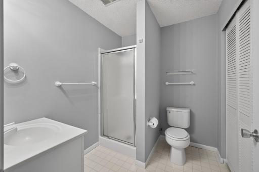 Lower-level 3/4 bath with walk-in shower.