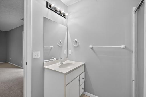 Lower-level 3/4 bath with vanity and additional storage.