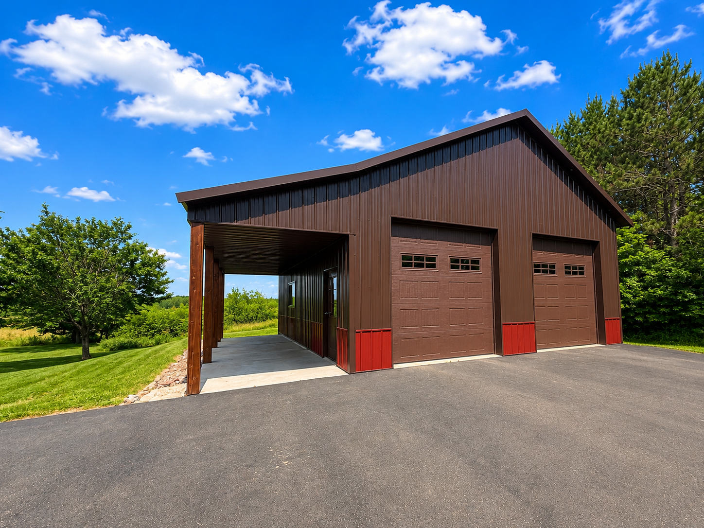 A 20x 30 pole building with 10 foot overhang has electric and concrete floor.