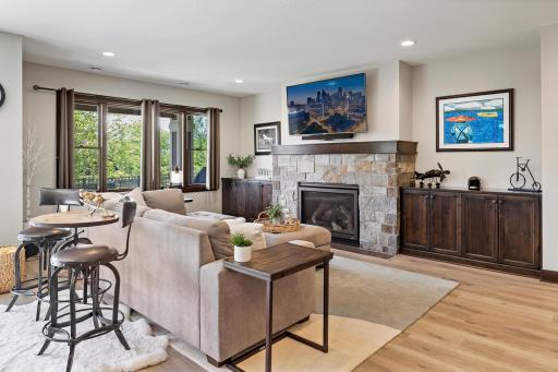 Lower level family room with gas fireplace and custom built-ins.