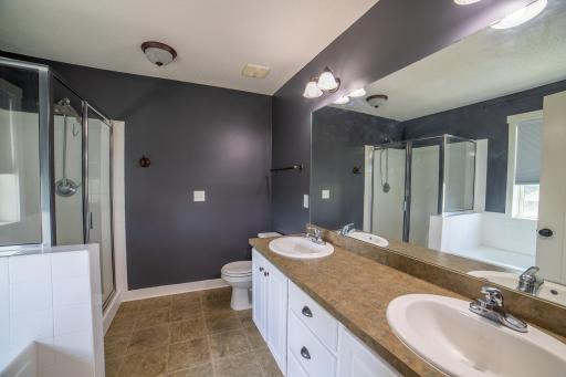 Primary ensuite bath with double vanity and separate tub and shower