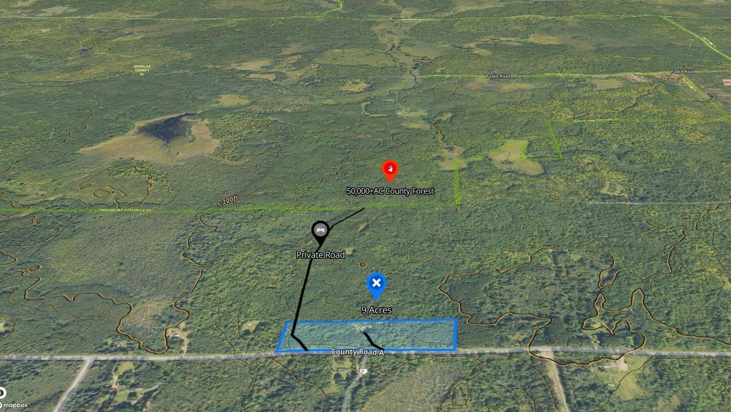 3D area map. NOTE: the private road leads directly to the County Forest