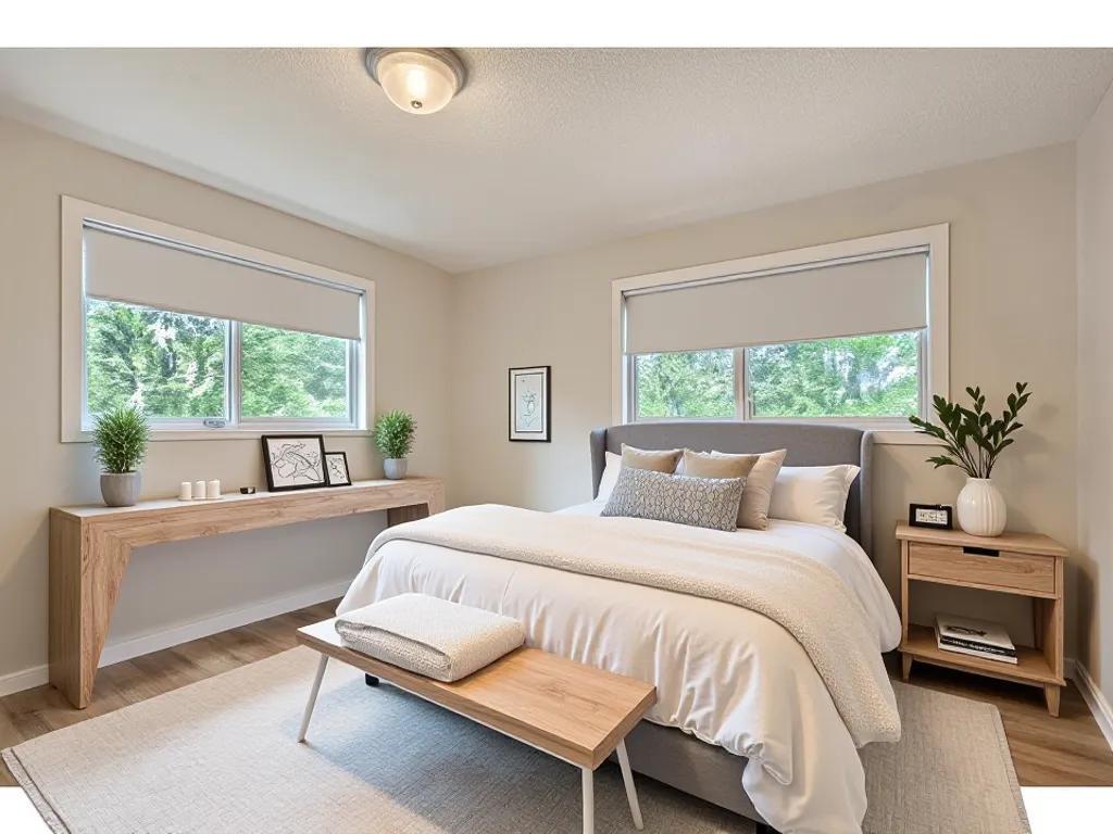 The second bedroom on the upper level also offers great natural light from dual windows, and a neutral, peaceful color palette! *Virtually staged to show design options.