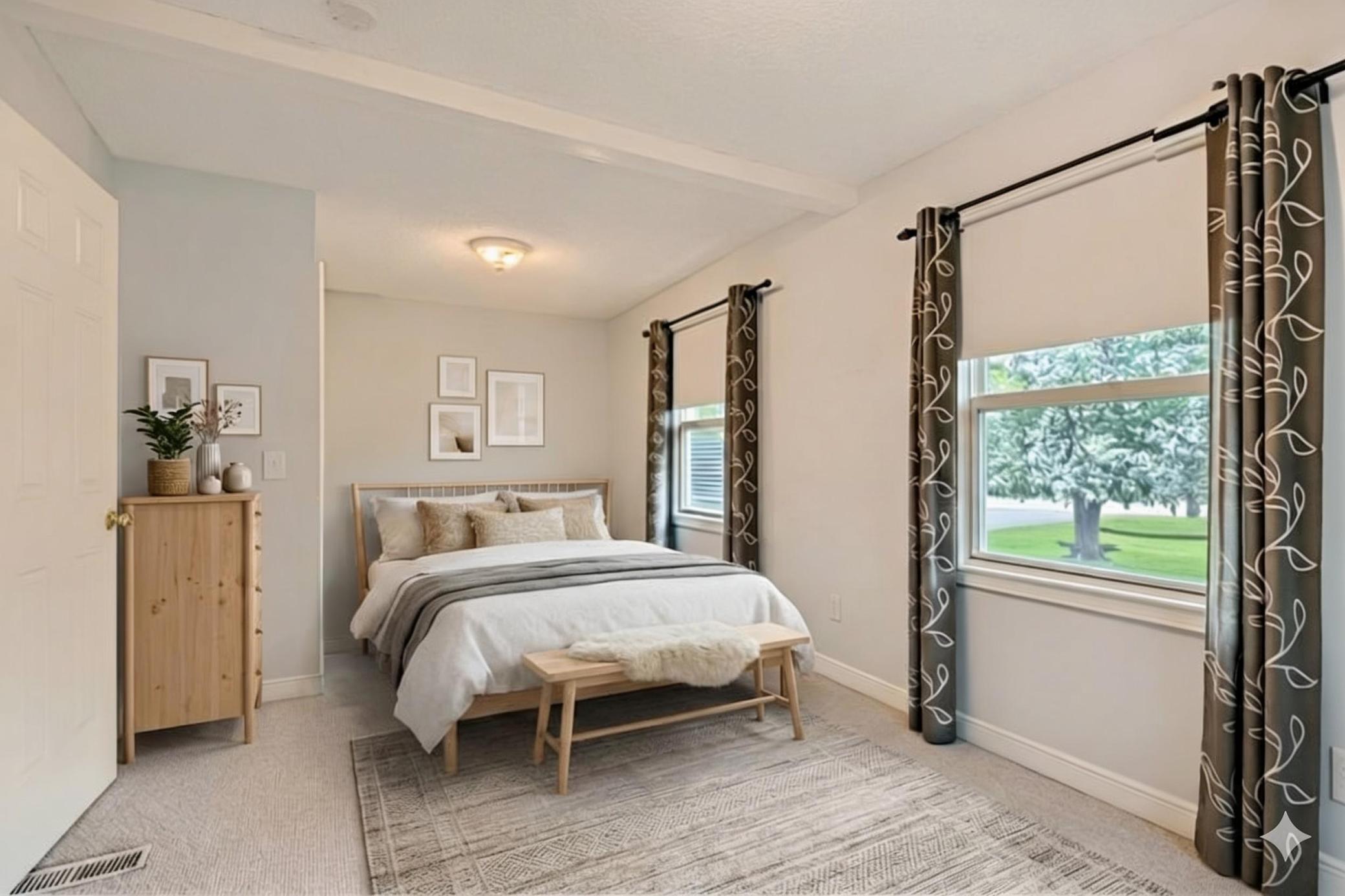 One of two bright bedrooms on the upper level, this spacious primary suite features large windows with scenic views and neutral tones! *Virtually staged to show design options.