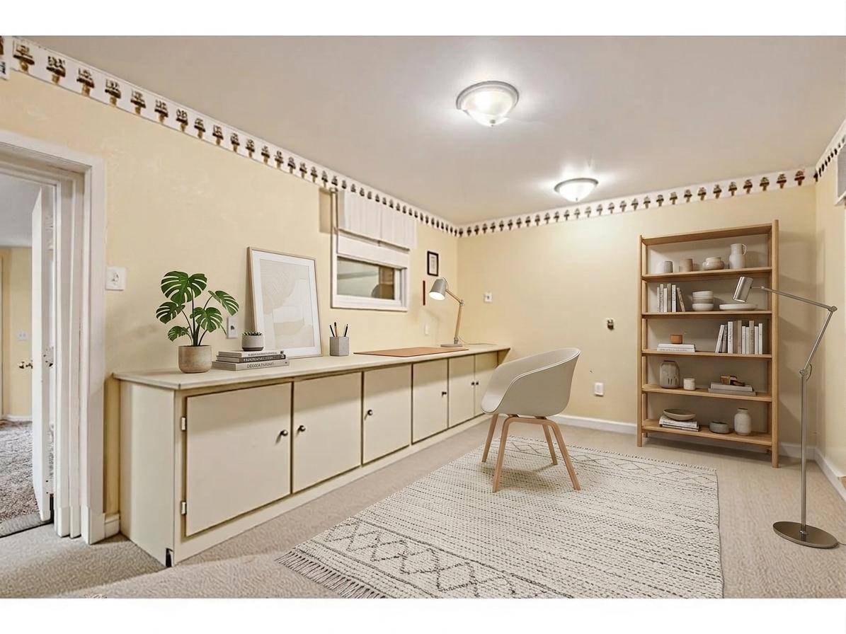 The fourth bedroom offers excellent flexibility, beautifully staged here as a spacious home office with abundant built-in desk space and storage cabinetry! *Virtually staged to show design options.