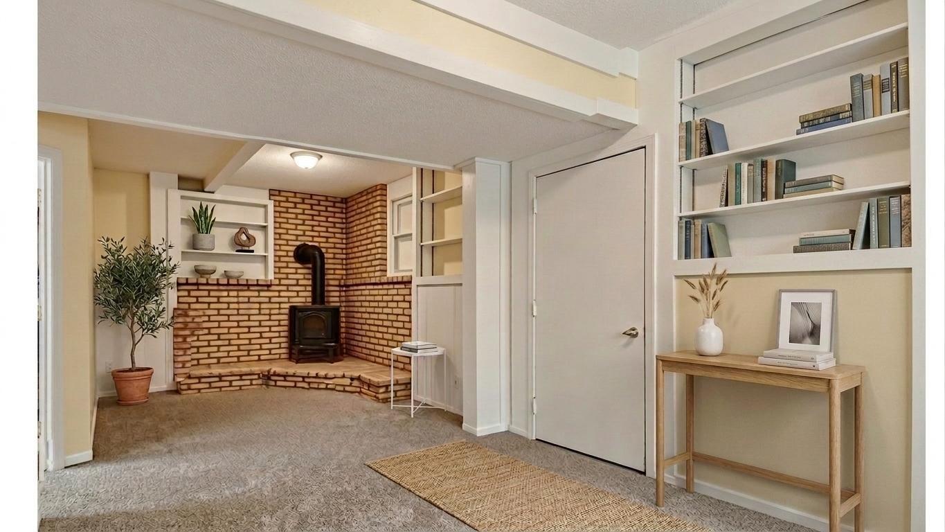 The other side of the lower-level family room features a charming wood-burning stove with a brick backdrop, and built-in shelving! *Virtually staged to show design options.