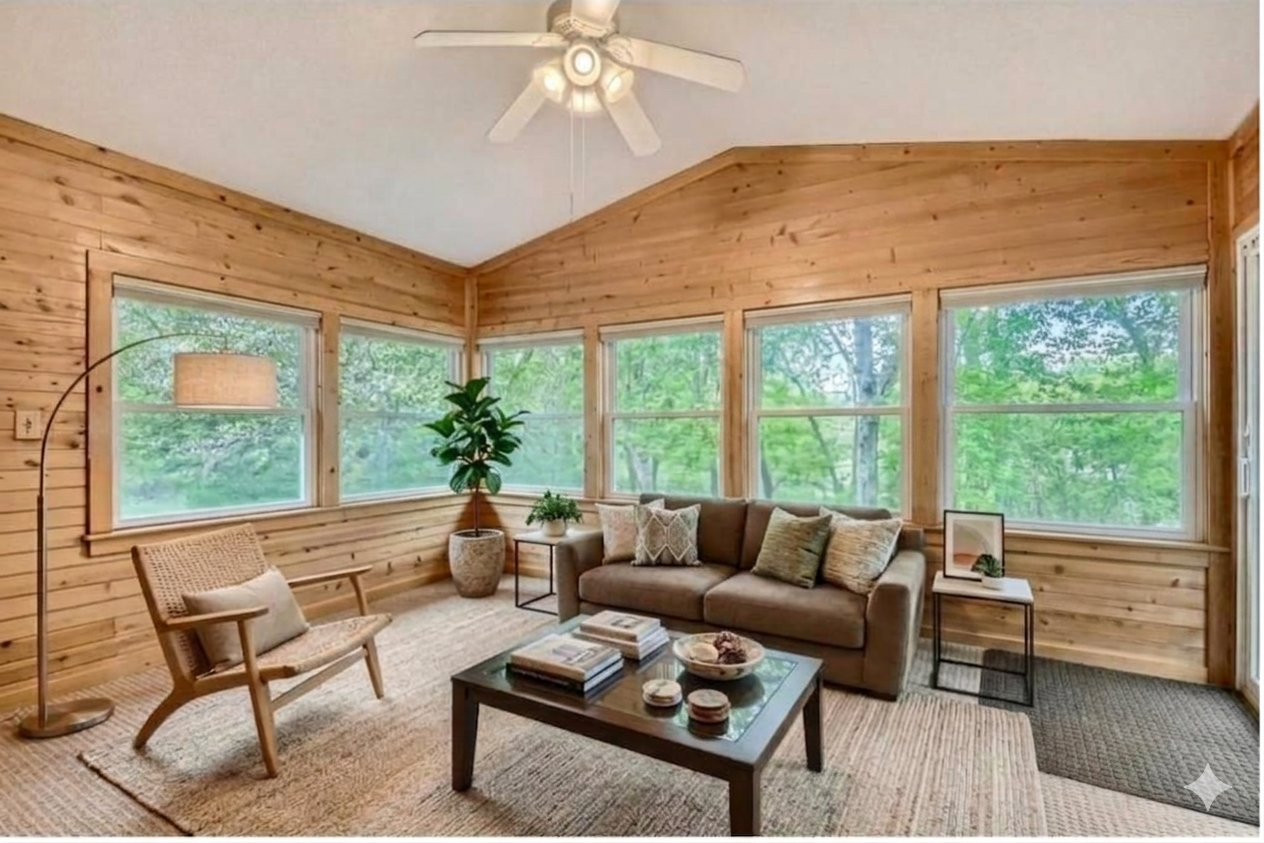Stunning sunroom with vaulted ceilings, natural wood-paneled walls, and large windows offering panoramic views of the scenic backyard! *Virtually staged to show design options.
