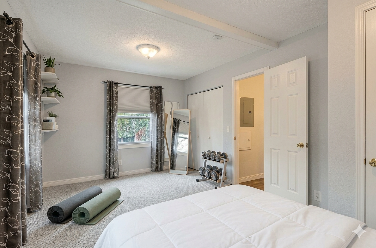 Another view of the upper-level primary bedroom, highlighting its flexible floor plan with ample space a yoga setup, or extra storage! *Virtually staged to show design options.