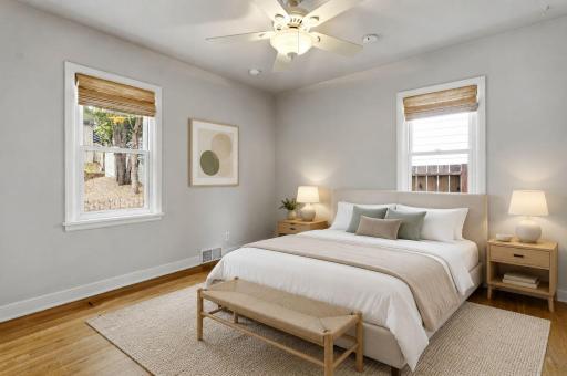 Virtually staged Bedroom 1 showcasing the spaceâs potential