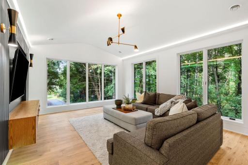 Upper level family room with walls of windows around