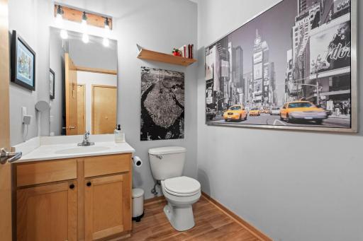 Main-level powder bath with convenient built-in storage.