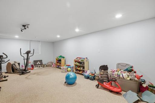 Lower level family room currently being used as a toy room.
