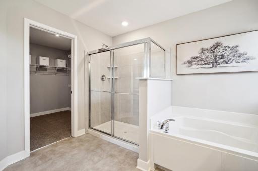 Primary bathroom with tile shower and large soaking tub.