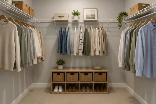 The walk-in closet in the primary bedroom. Photo of model home, colors and finishes vary.