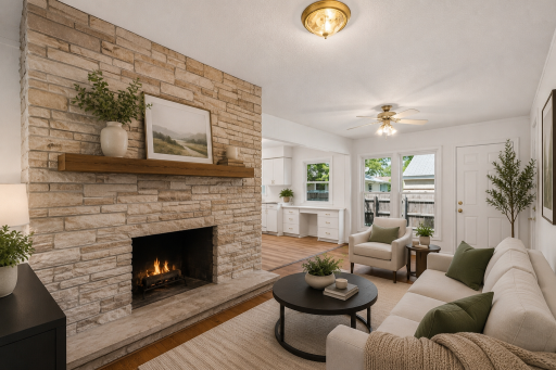 Main level cozy space with a fireplace! (Photo virtually staged)