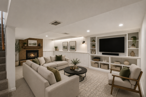 Lower level Family room with a fireplace and more space for entertaining (photo virtually staged)