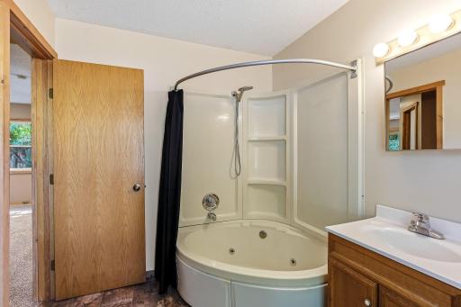 Additional view of the primary bathroom showcasing the jetted tub and bright, functional vanity area.