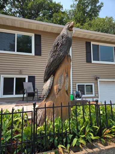 Amazing Eagle carved into a tree trunk in the front garden.