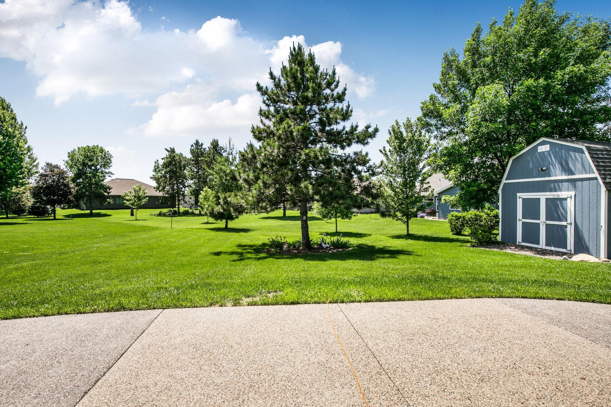 Patio view embraces big sky and mature trees.