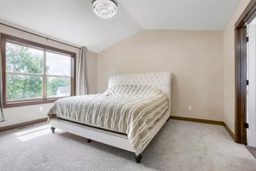 Upper level Primary suite with vaulted ceilings. Walkin closet and full primary bath suite. Views of the backyard and nature.