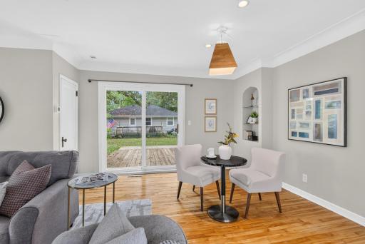 Walk out to the deck from a potential living room dining space