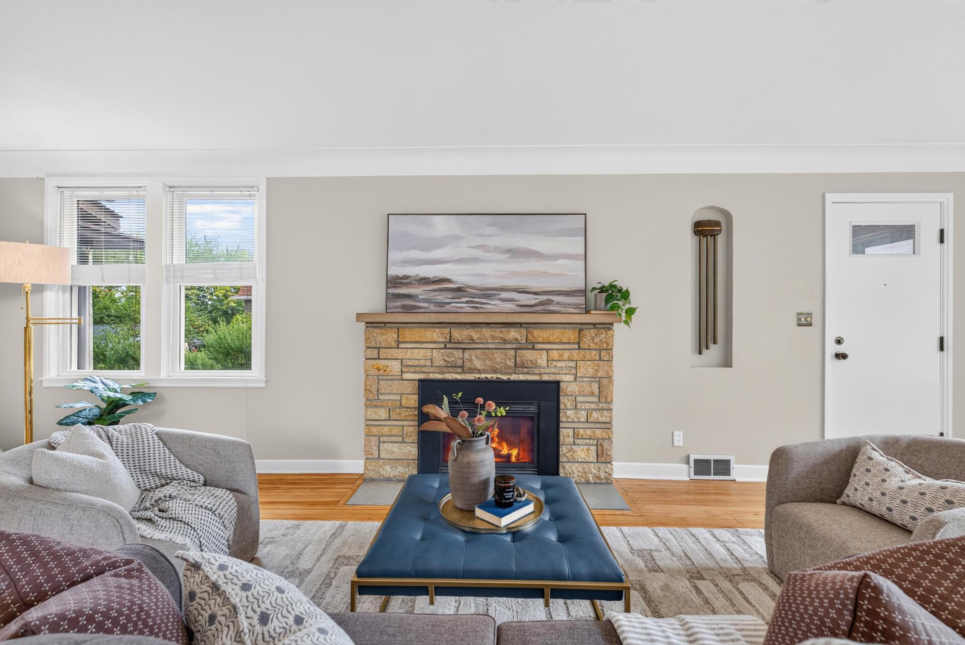 The fireplace is gas for cozy warmth
