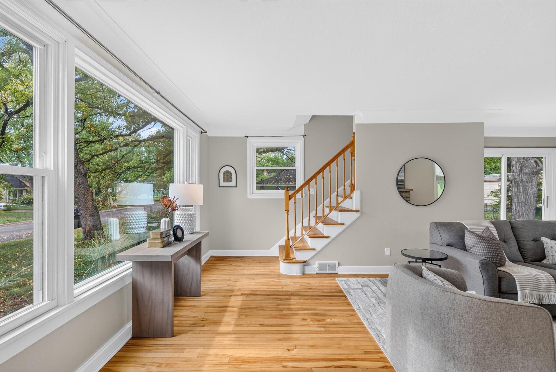 The big living room windows bring in southern light