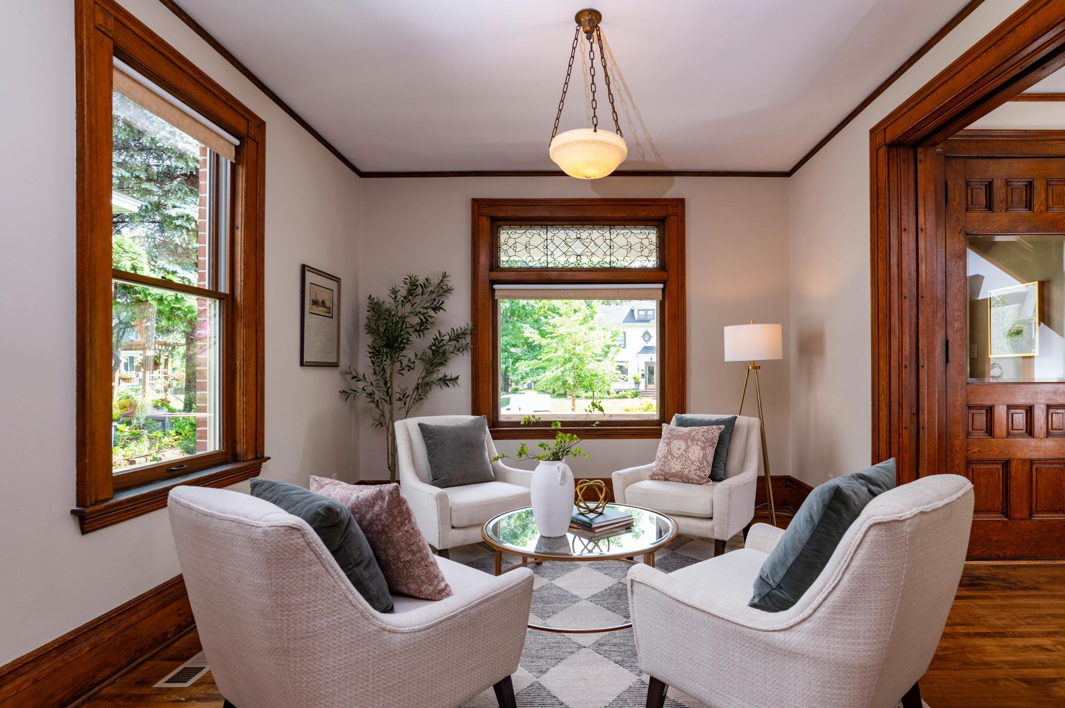 The formal living room is a lovely space to visit with guests.