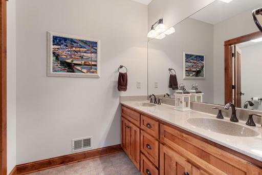 Large 3/4 bathroom in the lower level with 2 sinks