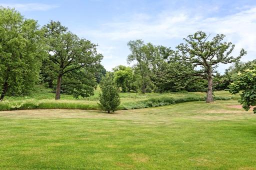 Mature oak trees surround the property