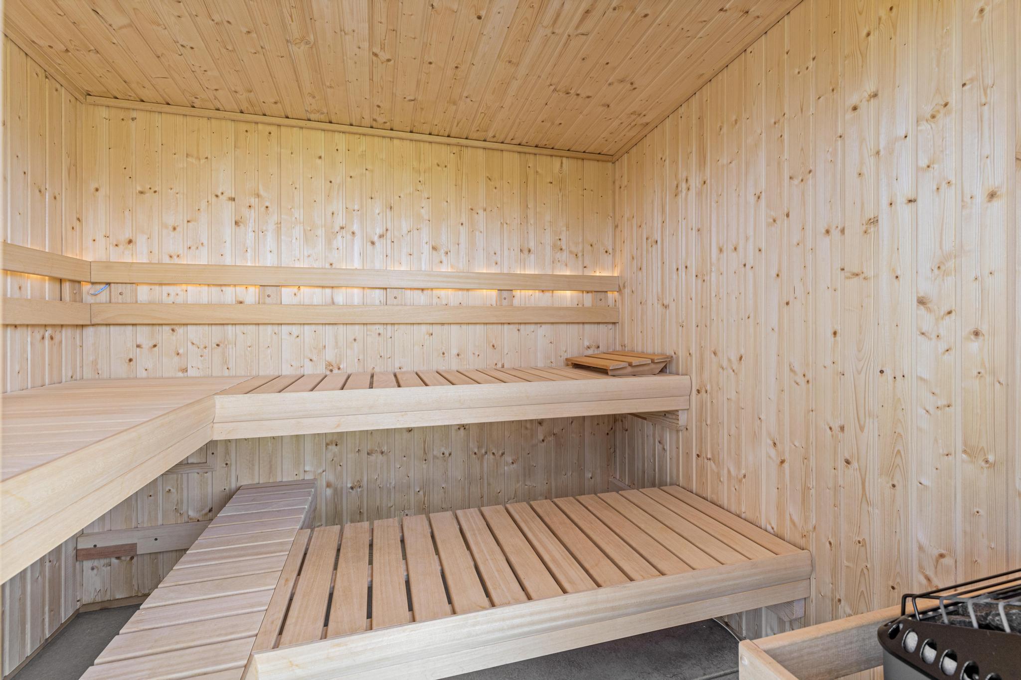 The outdoor sauna is a luxury amenity designed to enhance wellness, relaxation, and everyday enjoyment. Turn the heat on while walking the trails so you can come back and warm up after your workout.