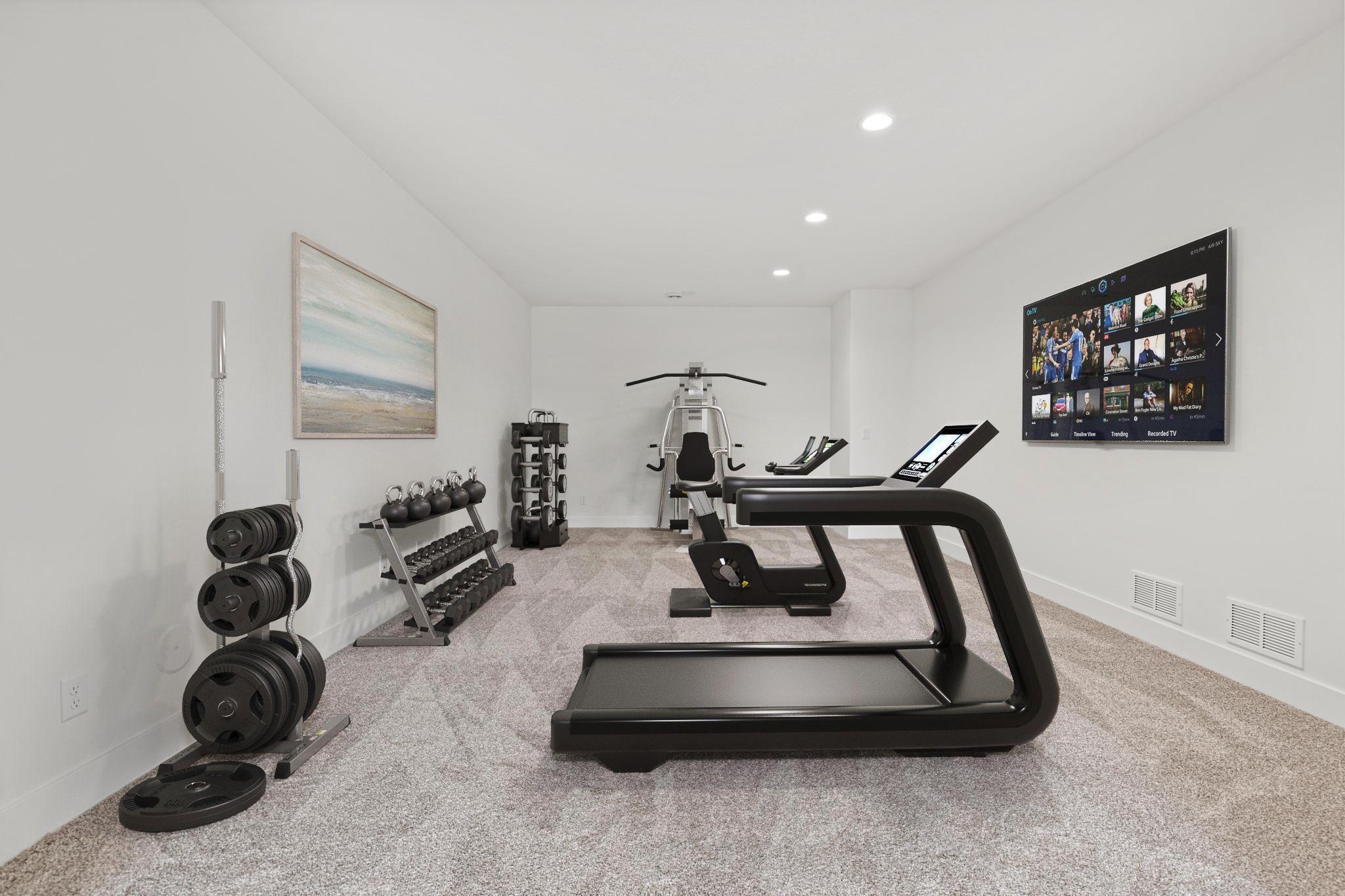 Flexible living space could be a terrific gym space. Visually staged.