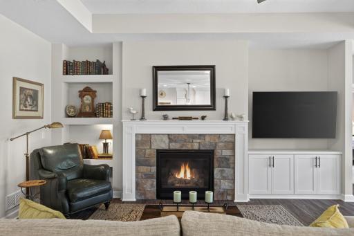Stone gas fireplace flanked by custom built-ins and media storage.