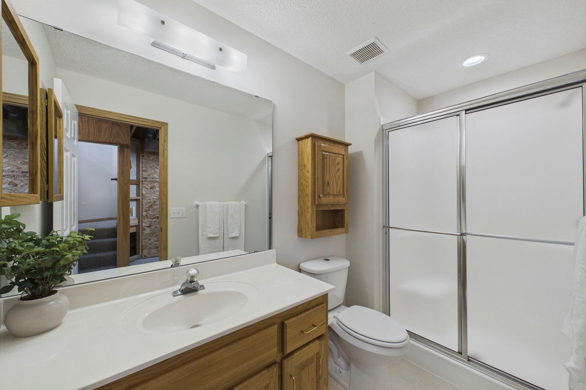 Lower-level bathroom with shower adds convenience and functionality to the expansive walkout lower level.