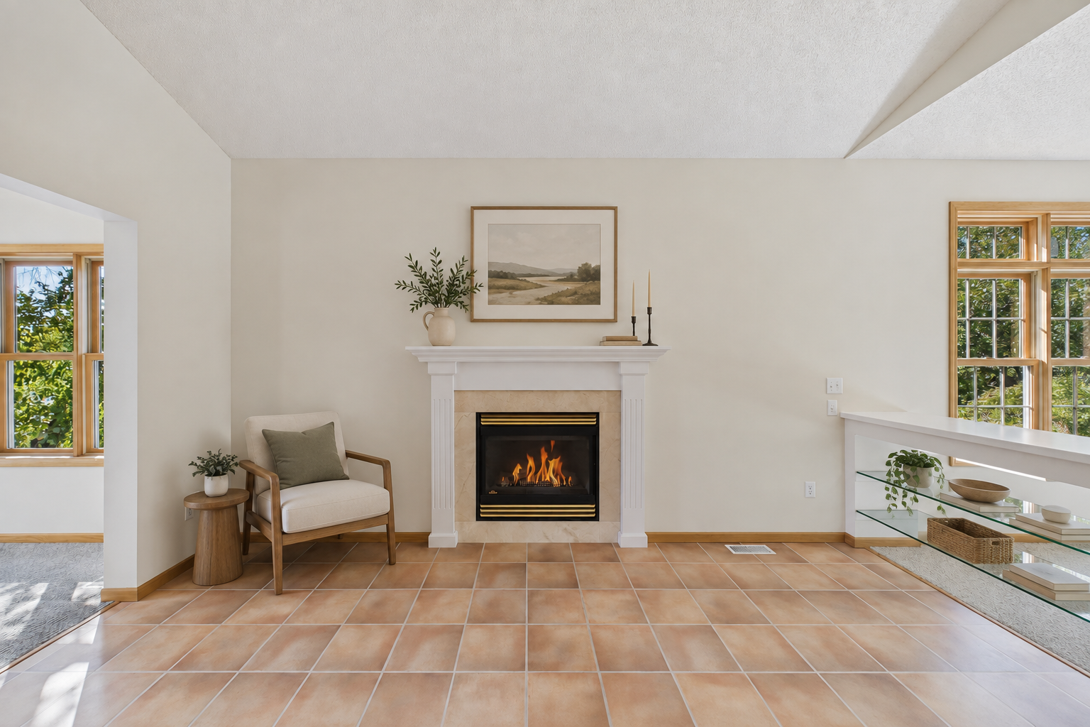 Virtually staged to highlight the fireplace and show how this flexible space can be enjoyed.